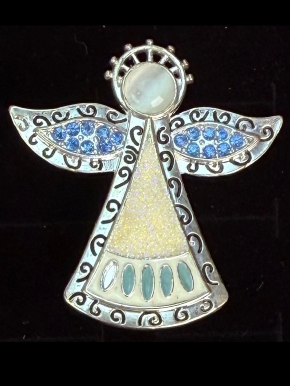 KC Kenneth Cole Angel Brooch Blue Rhinestone White Silver Holiday Pin